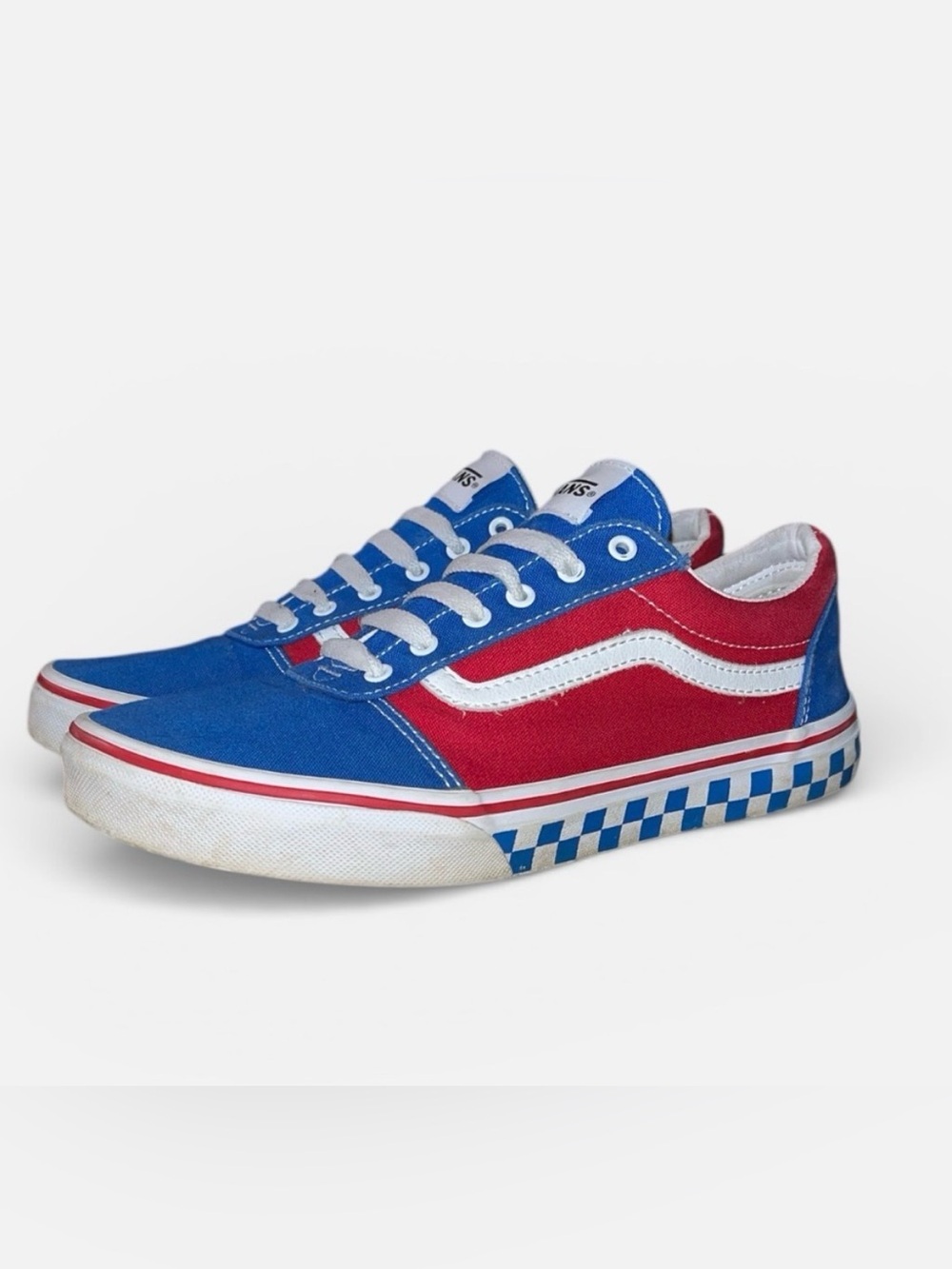 Vans “Ward” Checker Tape Sneaker in Red & Blue Youth Size 6; EU 38